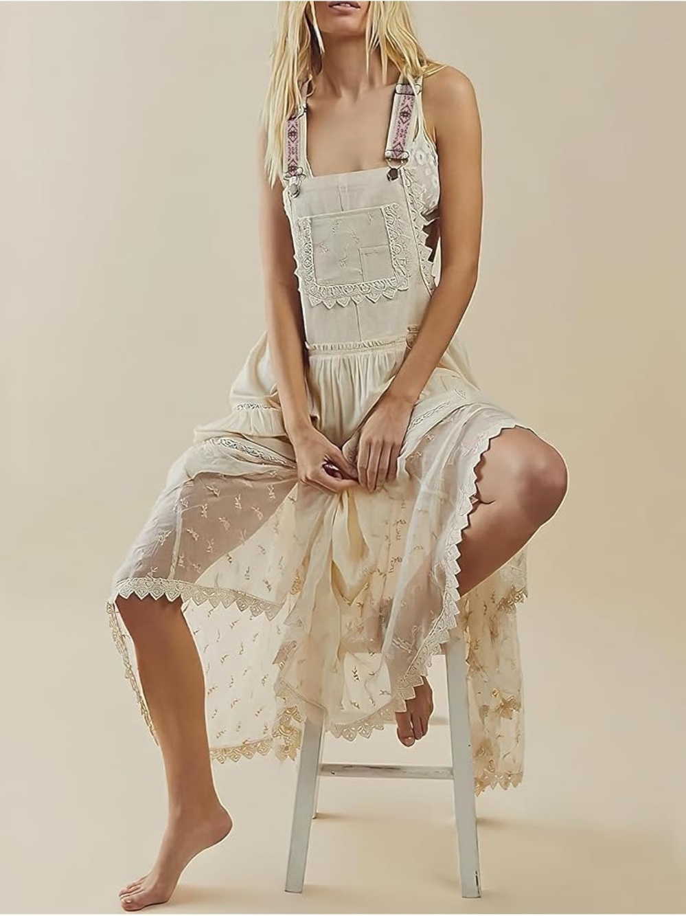 Bohemian Cream Lace Overlay Midi Pinafore Dress NWT
